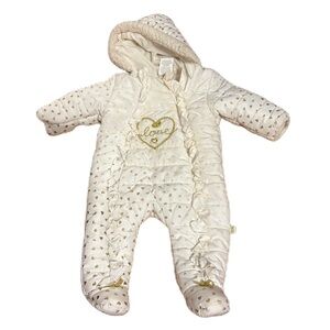 Duck Duck Goose Winter Snow Suit Bunting Sz 0-3 Months Hooded White Gold